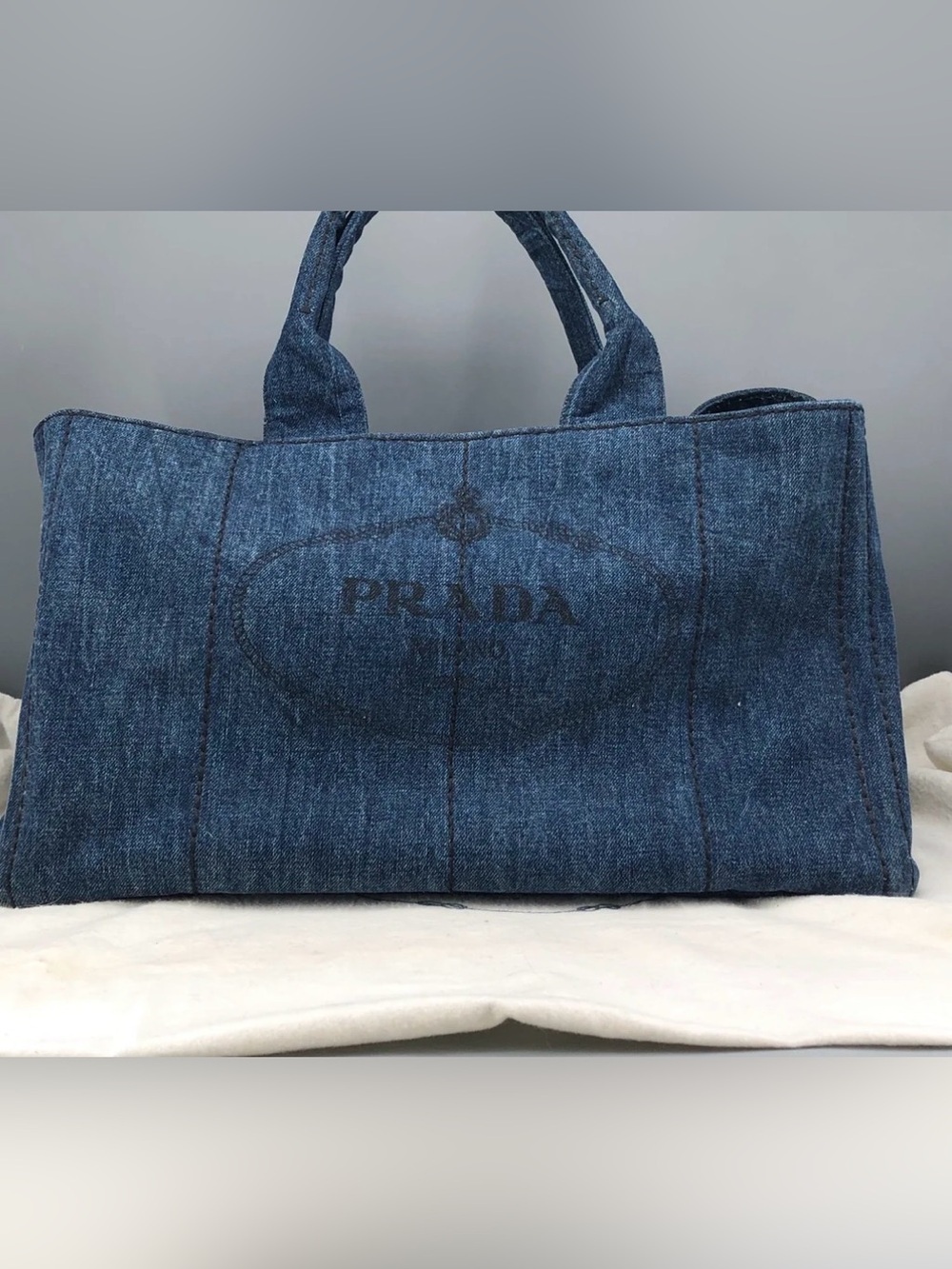 Prada Canapa Denim Tote Bag Large Blue Canvas Gold Logo Excellent
